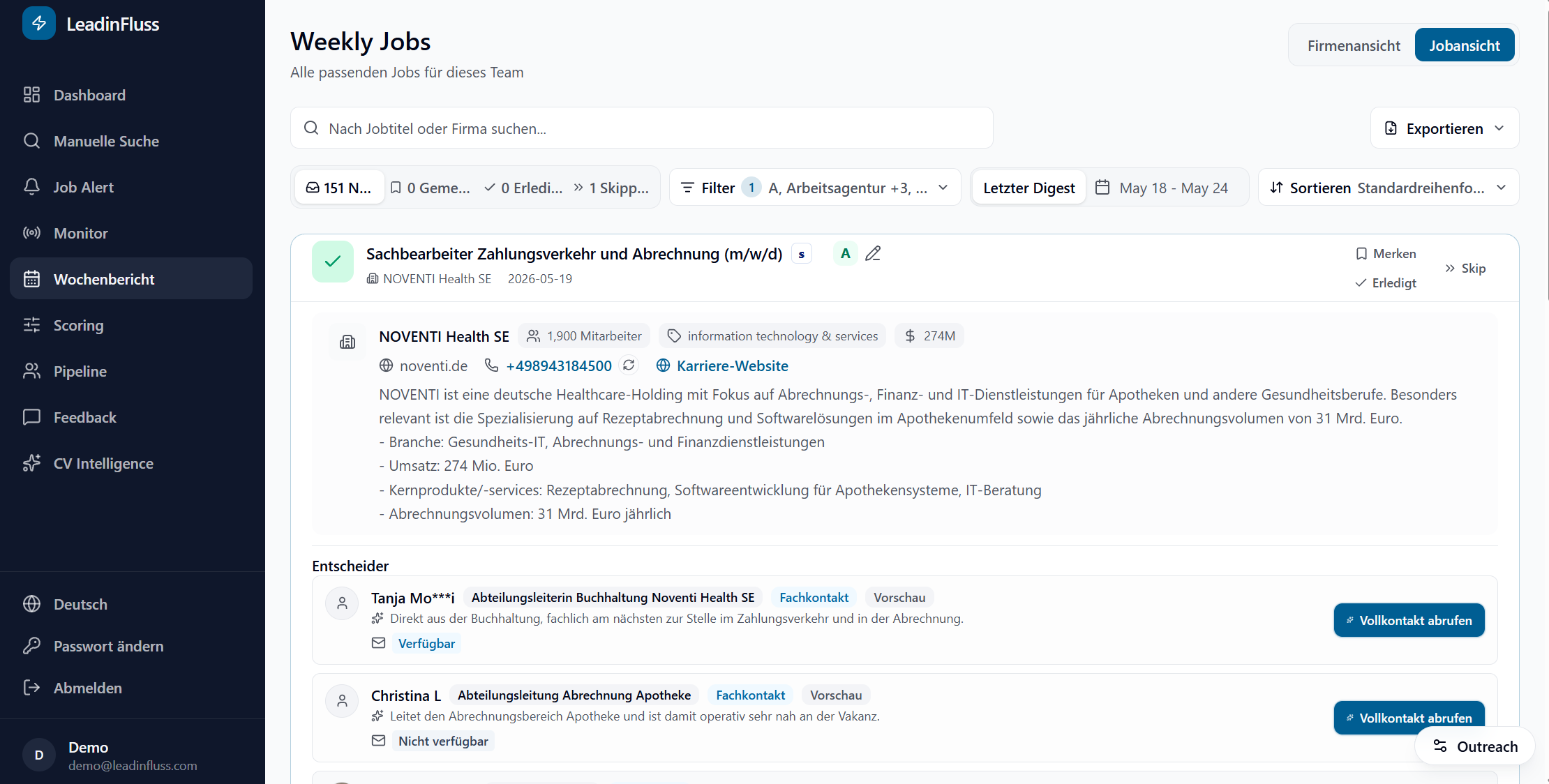 Weekly Digest Ansicht mit passenden Jobs und Entscheidern